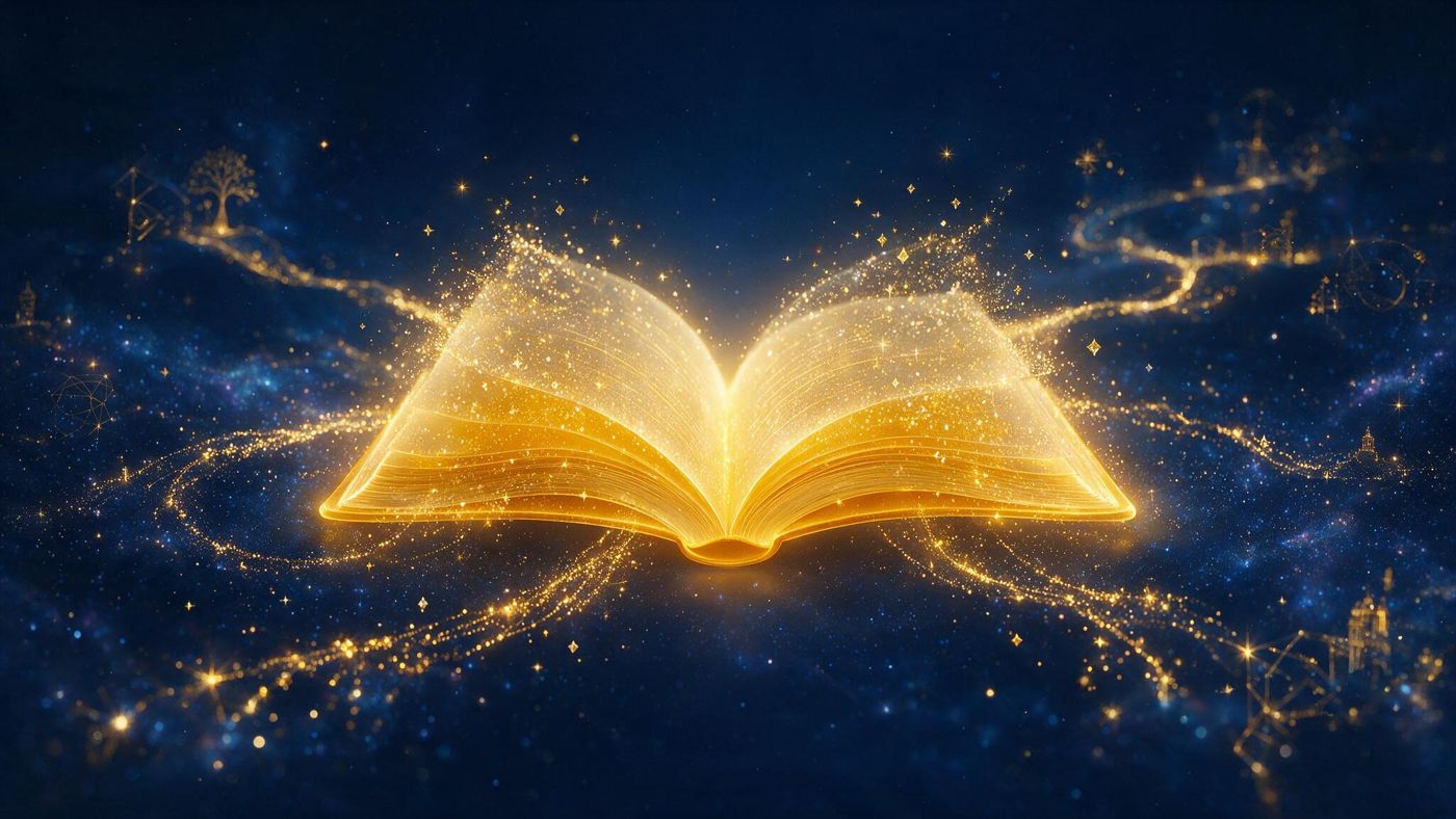 Libro abierto con luz dorada que representa la formación y los contenidos de Ser Knowmad Digital